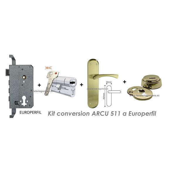 KIT CONVERSION CERRADURA ARCU A EUROPERFIL DCHA ORG 3511 ( CERRADURA + BOMBILLO SKG*** + ESCUDO SEGURIDAD + MANIVELA )
